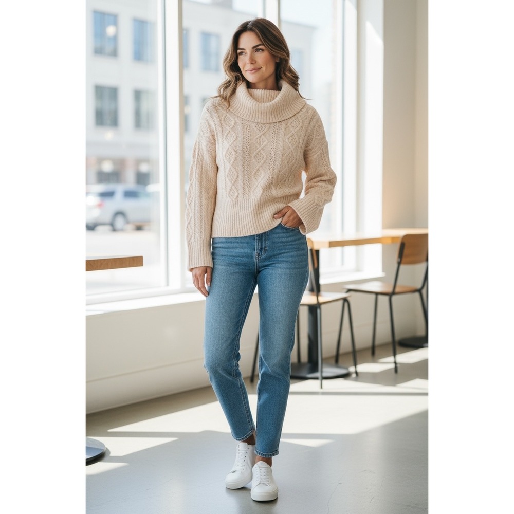 Willi Smith Women's Cable Knit Turtleneck Sweater Cozy Cotton Knitwear Large